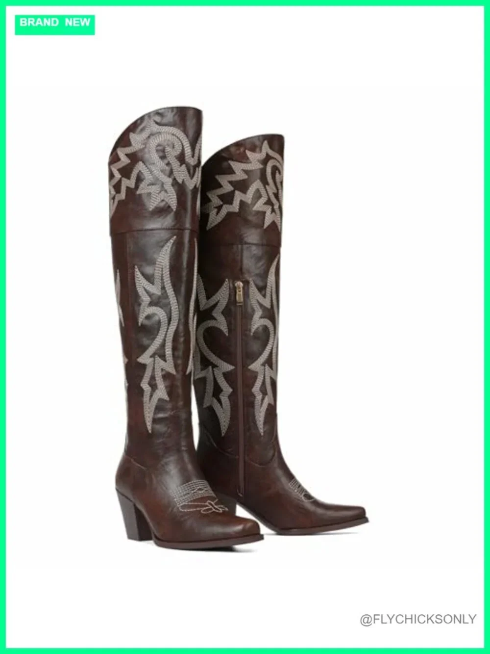 Over The Knee Cowboy Boots Women Pointed Toe Western Boots Chunky Heel Side Zip